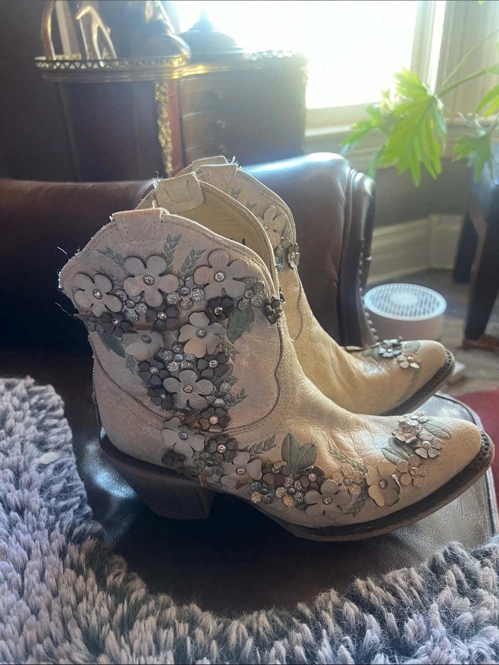 Corral Ivory Floral Embellished Western Ankle Boots